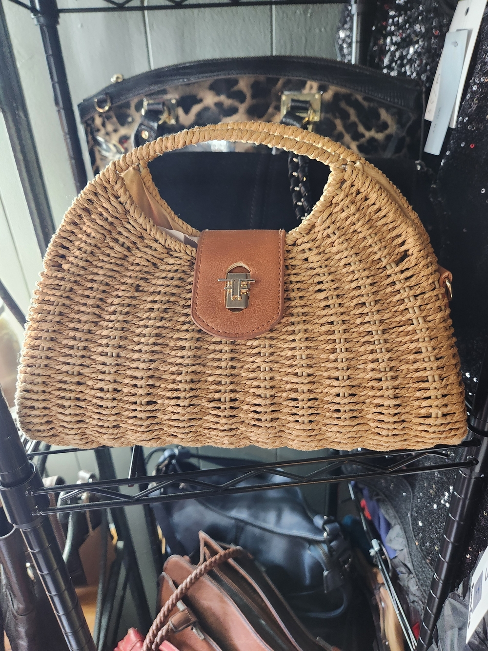 Woven Straw Top-Handle Bag in Tan
